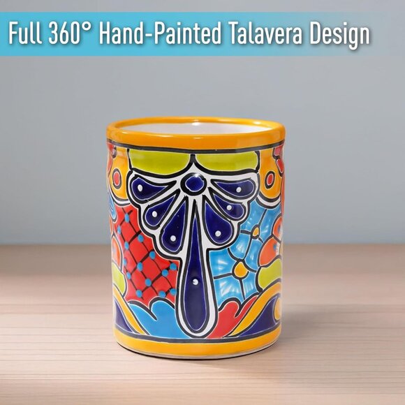 Medium Ceramic Utensil Holder Marigold Yellow Hand Painted Mexican Pottery Crock - Picture 7 of 9
